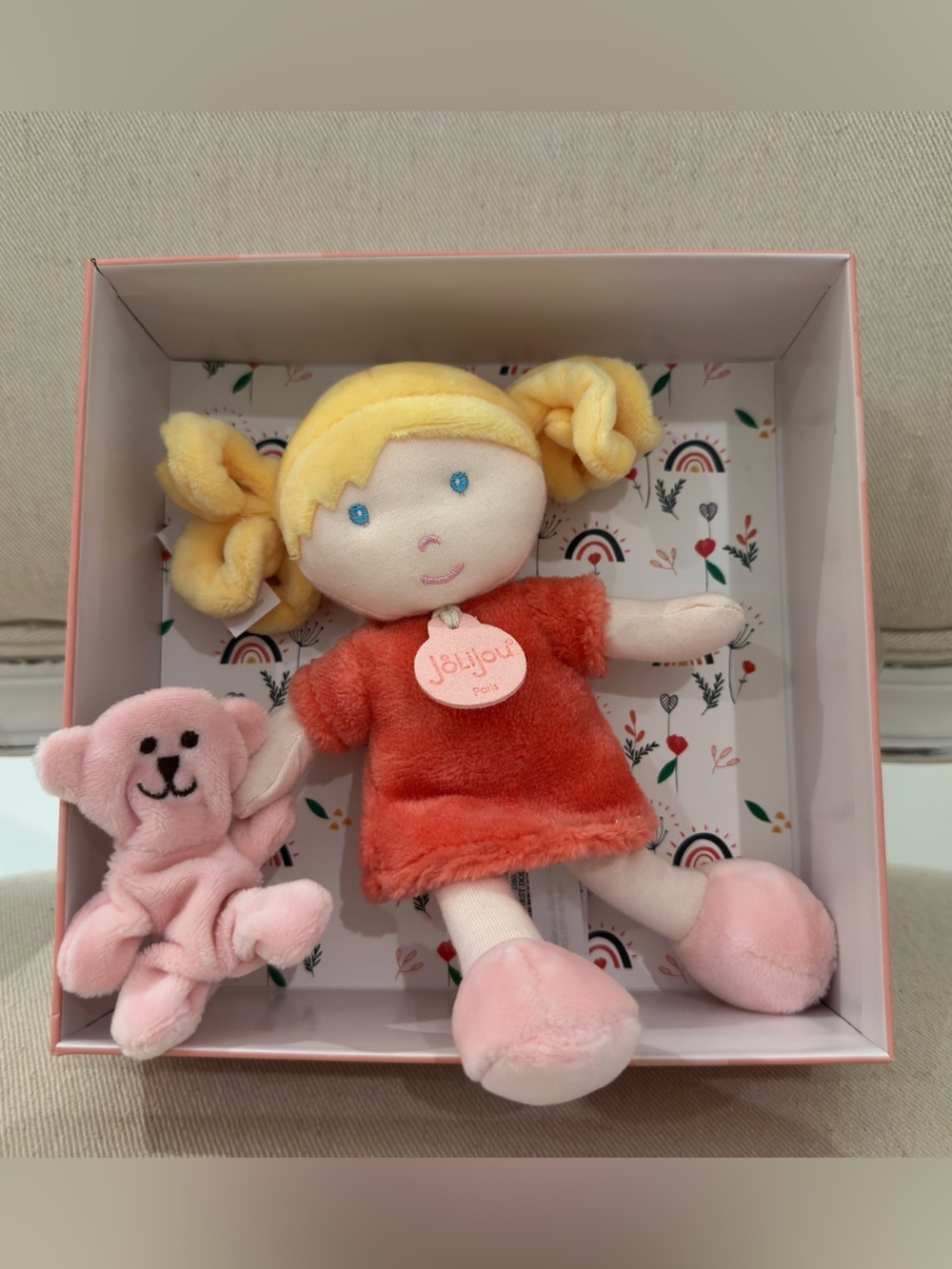 🤍 NWT Jolijou My First Doll Baby Plush With Bear Demoiselle Corail Paris France